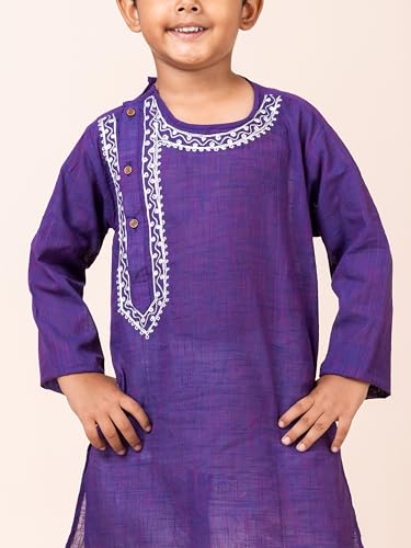 Image of Kids Ethnic Wear - Embroidered Handloom Cotton Kurta & Elastic Waist Dhoti Set for Boys | Traditional Dress for Baby & Toddler