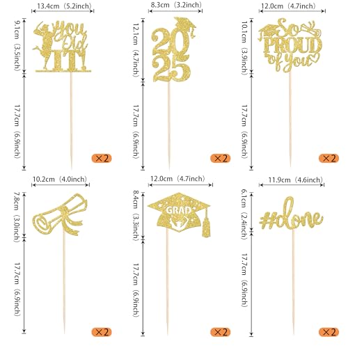 12 Pack 2025 Graduation Centerpiece Sticks Assembled Glitter Class of 2025 So Proud of You Cake Toppers Diploma Grad Cap Table Centerpiece Sticks for 2025 Graduation Theme Party Supplies Gold
