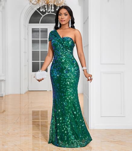 Image of Cololura Women Sexy Sequin One Shoulder Mermaid Formal Party Cocktail Gowns Bodycon Evening Maxi Dress