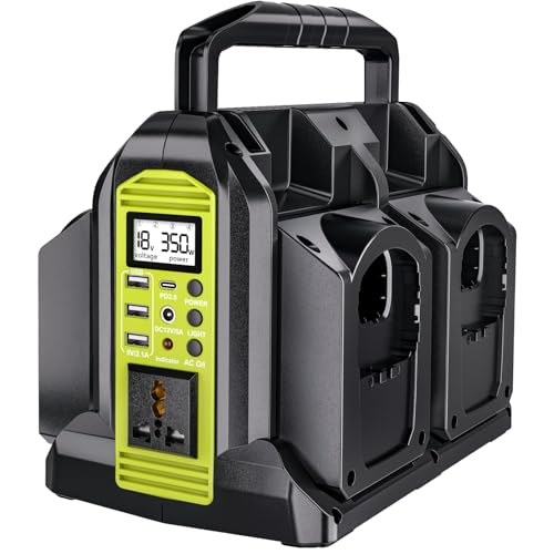 4-Ports 350W Power Inverter for Ryobi 18v Battery, Portable DC 18V to AC 220-230V Outdoor Generators Converter with USB-A & Type-C Port,300LM LED Light for Camping Emergency