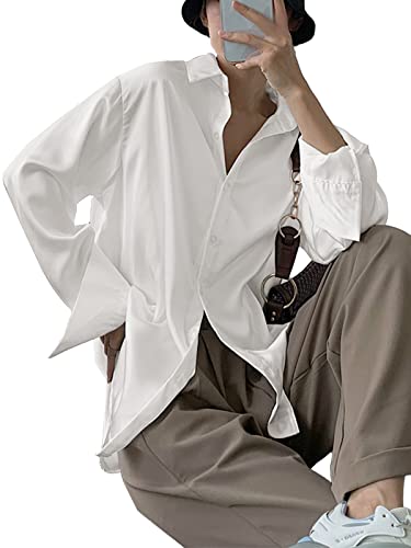 Zanzea Women's Button Down Shirts V Neck Satin Silk Long Sleeve Casual Loose Blouses Tops White Xx-Large #TOP3