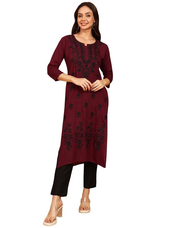 Image of Women Pink Ethnic motifs Embroidered Lucknowi Chikankari Long Kurti