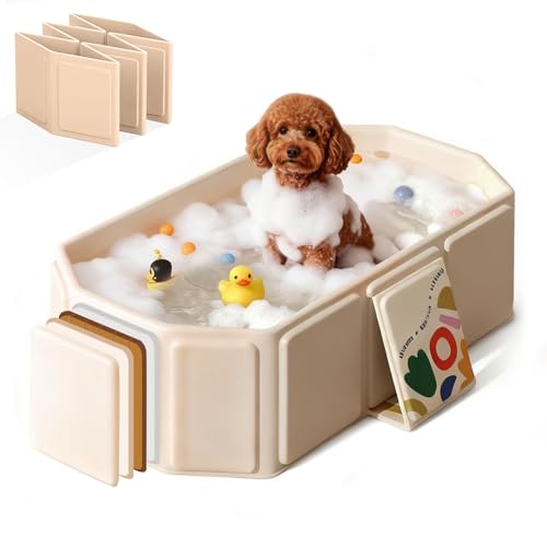 Foldable Dog Bathtub for Small to Medium Dogs & Cats Collapsible Pet Bath Tub with Side Drain Plug Portable Puppy Wash Tub Rigid Panels Fold-Flat for Carry & Storage