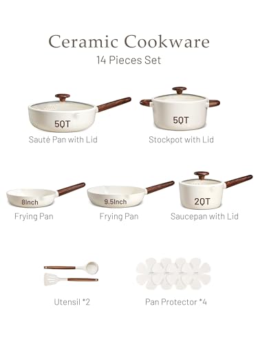 Image of CAROTE Ceramic Cookware Sets, Pots and Pans Set Non stick, Non Toxic Healthy Induction Cookware, 14 Pcs Nonstick Kitchen Pots and Pans Set, PFAS PTFE Free, Dishwasher Safe