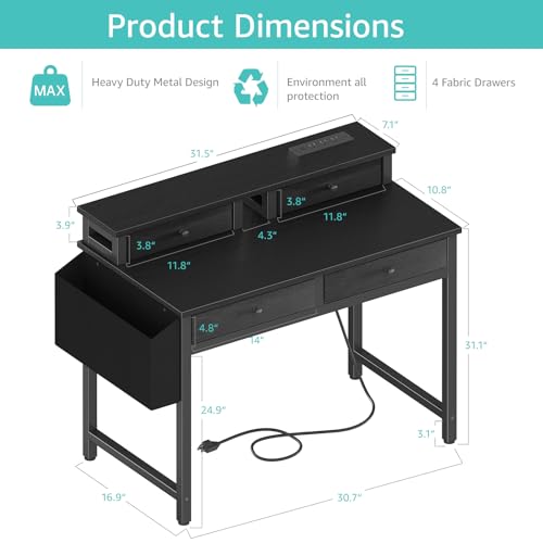 Lufeiya Small Desk with Drawers for Home Office Bedroom, 31 inch Black Writing Study Desks with Fabric Drawers Storage, Gaming Desk Table with Power Outlet & Monitor Stand, Black by Lufeiya - Used condition - Image 3