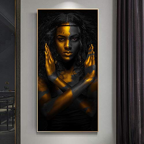Peinture femmes africaines noir et or 60x120 cm pour salon chic
