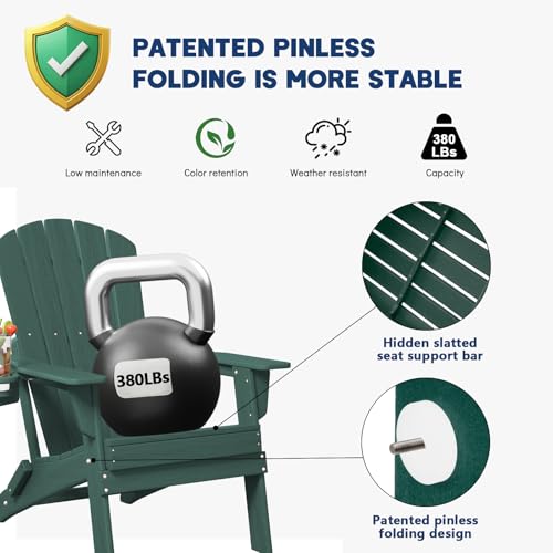 Image of Plawdlik Folding Adirondack Chair Set of 6 with Cup Holder,Wooden Textured ,Heavy All-Weather HDPE Comfortable Set Poolside Backyard Lawn, Green