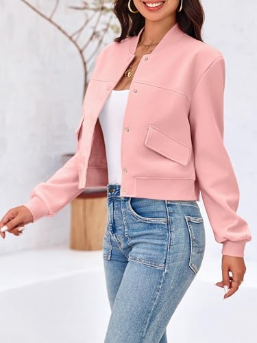 Image of Tankaneo Womens Cropped Bomber Jackets Casual Button Down Long Sleeve Stand Collar Varsity Shacket Coats