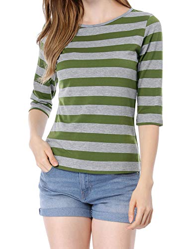 Allegra K Women's Elbow Sleeves Top Round Neck Slim Fit Tee Casual Printed T-Shirt Small Green #TOP15