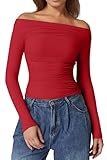 Picture of QINSEN Women Off Shoulder Double Lined Long Sleeve Shirts Basic Going Out Ruched Tops Red S