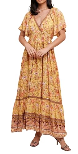 Image of R.Vivimos Women's Summer V Neck Maxi Dress Boho Floral Print Short Sleeve Elastic Waist Ruffle Patchwork A-Line Beach Dress