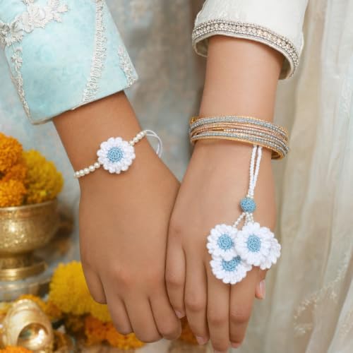 Image of Handmade Crochet White Sky Blue Flower Rakhi for Brother | Premium Cotton Thread Floral Designer Rakhi with Pearl Beads | Soft Skin-Friendly Lightweight Raksha Bandhan | Traditional Handcrafted Gift