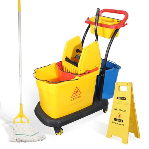 Commercial Cleaning Cart On Wheels, Floor Cleaning Rectangular Mop Bucket with Sturdy Down Press Wringer Combo, 38-Quart, Yellow,ADD One Heavy Duty Mop and Wet Floor Caution Sign（24Inch）