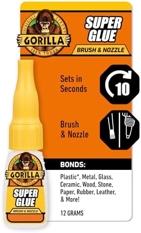 Gorilla Super Glue with Brush & Nozzle Applicator, Clear Glue, 12 Gram (Pack of 1) - All Purpose and Fast Setting for Projects and Repairs