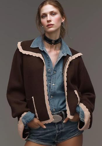 VAOYIU Contrast Trim Scalloped Knit Jacket Womens Cropped Collared Coat with Retro Charm Versatile Styling All Match2