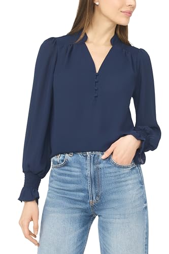 Long Sleeve Half Placket Smocked TOP Classic Navy