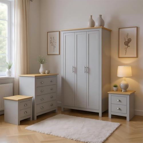 HOMELIFE Lancaster 4 Piece Bedroom Set Wardrobe Drawer Chest Bedside Table Grey