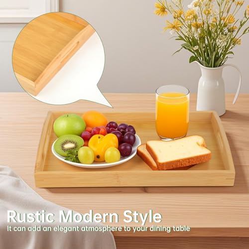 Tablett Serviertablett, holztablett rechteckig, Bambus tablett, Serviertablett groß, aus hochwertigem Holz für Küche, Wohnzimmer oder als Dekoration. Mit Griffen für sicheres Tragen. (Natur)