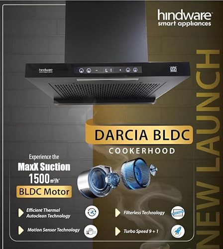 Image of Hindware Smart Appliances DARCIA BLDC 75 | | 1500 m /hr | Filterless Auto-Clean Kitchen Chimney With 9- Speed Motion Sensor & Touch Control | 2025 Model 75cm (Black)