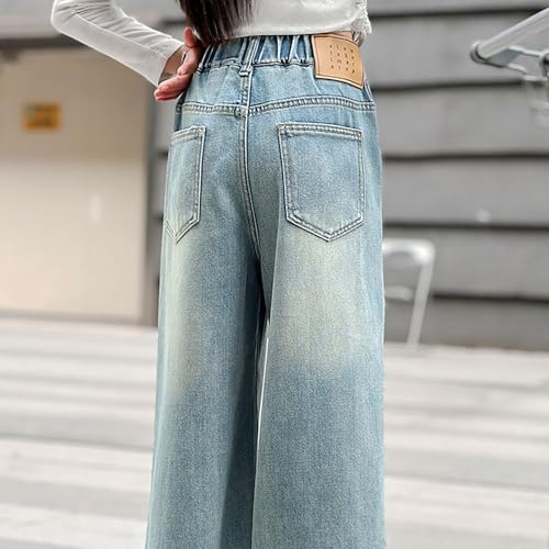 Ripped Straight Jeans for Youth Girls Distressed Washed Elastic High Waist Denim Pants Teen Girls Stylish Loose Trousers3