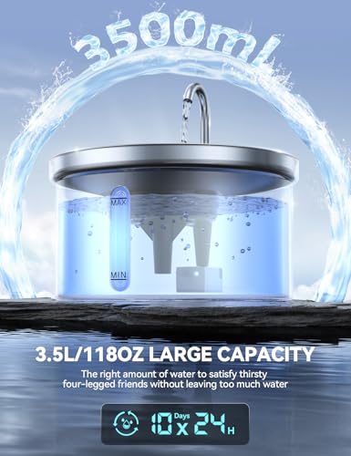 FEELNEEDY Katzenbrunnen Edelstahl 3,5L Trinkbrunnen für Katze Super Leise Katzentrinkbrunnen- Wasserbrunnen für Katzen-Katzen Springbrunnen, mit 3 Filters und USB Ladegerät (Brunnen-Edelstahl)