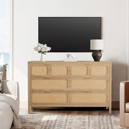 6 Drawer Dresser, Rattan Dresser for Bedroom with Metal Handles, Farmhouse Wood Storage Chest of Drawers for Bedroom, Living Room, Hallway, Entryway, Oak