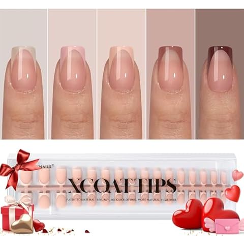 BTArtboxnails XCOATTIPS Press on Nails - French Tip Press on Nails, Fake Nails Short Square Nail Tips, Skin Tones Soft Gel Nails False Nail, Soak Off Acrylic Nails Valentines Day Gift Cover