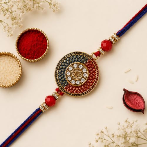 Image of eCraftIndia Red Blue Round Designer Rakhi for Brother Bhaiya Bhai | Roli Chawal Pack | Rakhi Combo