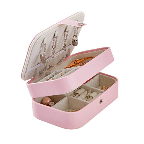 GUYHK Jewelry Box for Women Doubel Layer Travel Jewelry Organizer for Necklace Earring Rings Double-Layer Jewelry Storage Box PU Leather Jewelry Holder Case (Pink, 14.7x9.6x6cm)
