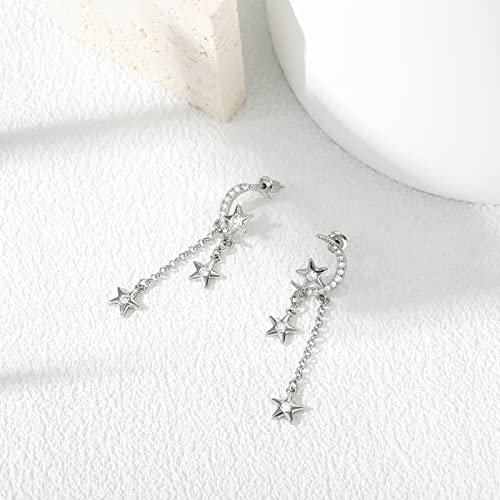 Mesovor Moon Star Dangle Earrings, 16K Gold Plated Drop Tassel | Sparkling Zirconia Asymmetrical Earrings For Women Girls (Symmetrical Stars-Silver) #TOP5