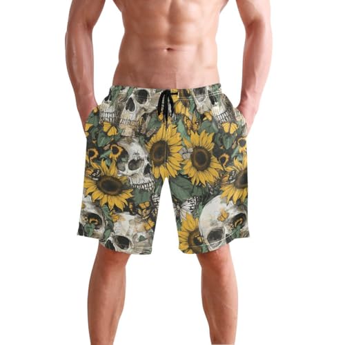 Gothic Skull Sunflower Mens Swim Trunks Quick Dry Beach Shorts with Pocket S 202c0048