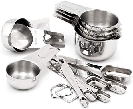 SKEMIX 13-Piece Stainless Steel Dry Measuring Set Featuring 7 Cups and 6 Spoons - Durable and Long Lasting Metal Set is Dishwasher Safe - Provides Years of Active and Helpful Kitchen Use