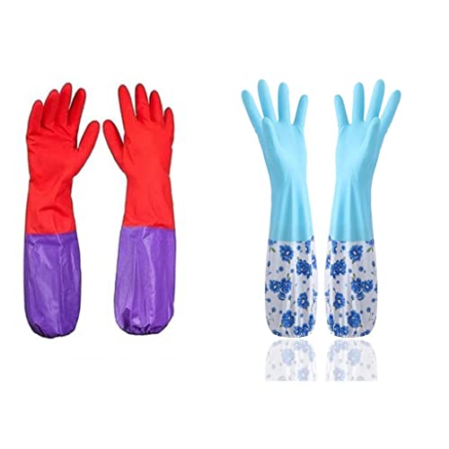 Image of Reusable Rubber Latex PVC Flock lined Long Sleeves elbow length Hand Gloves for Kitchen Dish-Washing, Cleaning, Gardening, Laundry and Sanitation and Lab Work (Long Elbow Gloves + Blue)
