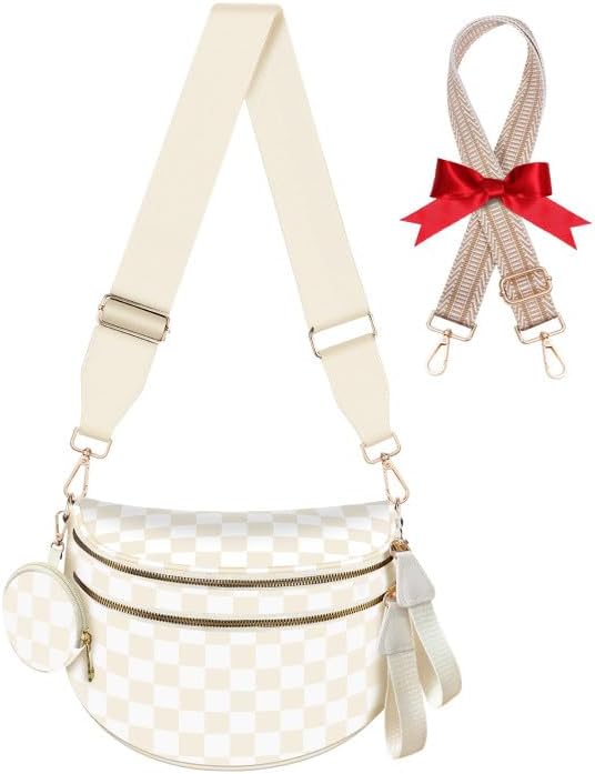 Bum Bags for Women Checkered Crossbody Bag Large Nylon Belt Purse Fanny Packs, Bonus with a Extra Strap