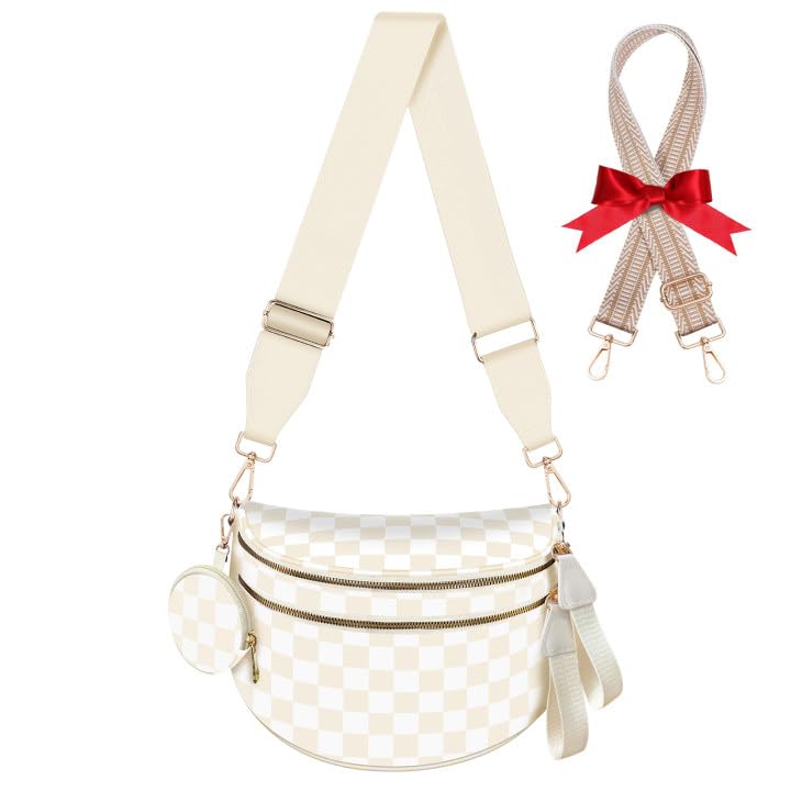 Bum Bags for Women Checkered Crossbody Bag Large Nylon Belt Purse Fanny Packs Bonus with a Extra Strap