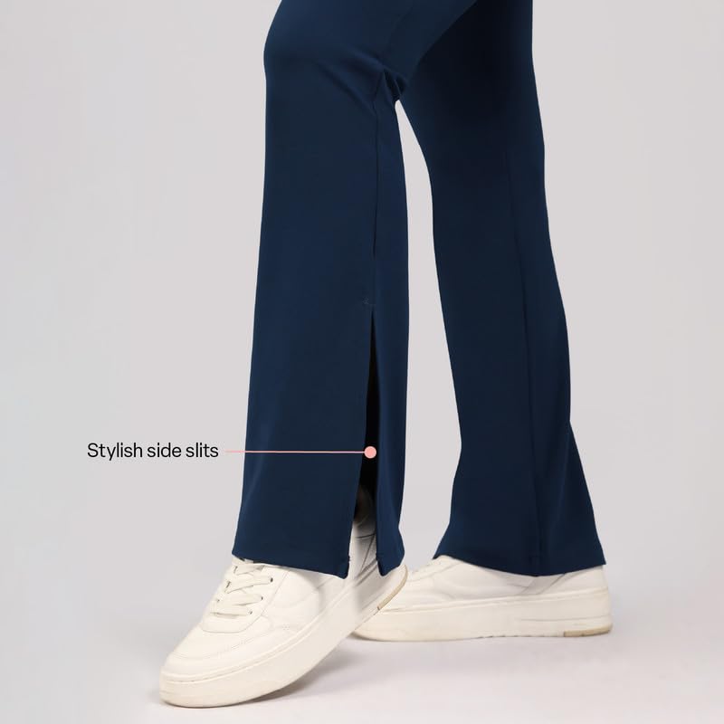 Image of BlissClub Women's Comfort Fit Mid Rise Ultimate Slit Flare Pants - Lite Tall |Above 5'5 | Stylish Slits | Stretchy | Comfortable | Back Pocket