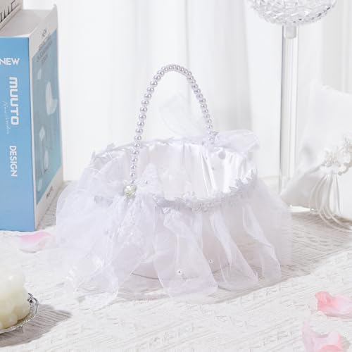 image for Yuudar Wedding Flower Girl Basket with Pearl Handle,Satin Flower Stora