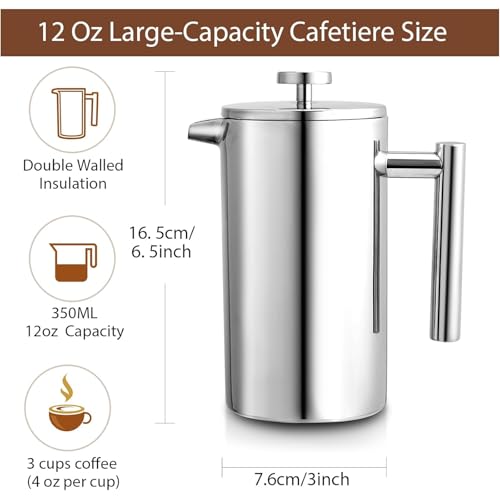 Yumzxin Small French Press Coffee Maker 12Oz(350 Ml), Stainless Steel Double Walled Insulated Coffee Press For Traveling, Office, Or Home, Silver - 4