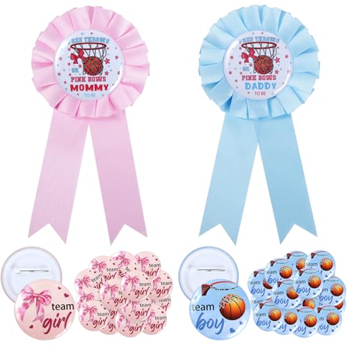 52 Pcs Free Throws or Pink Bows Gender Reveal Party Decorations - 2 Pcs Mommy and Daddy To Be Badges with 50 Pcs Team Boy Team Girl Gender Reveal Pin, Free Throws and Pink Bows Boy or Girl Party Decor