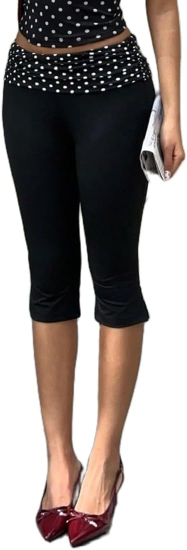 Women Low Rise Polka Dot Capri Pants Y2k Fold Over Split Capri Leggings