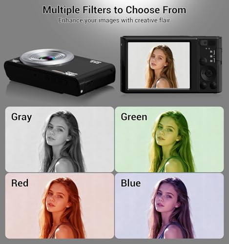Image of Digital Camera 4K, Autofocus Digital Compact Digital Camera,16X Digital Zoom Upgraded Travel Camera with 64GB SD Card,2 Batteries,Small Camera for Teens Kids Boys Girls,Black