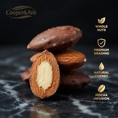 Image of Cooper & Avis Premium Coffee Coated Almonds (500g) - Mocha Infused Whole California Almonds | Gourmet Fusion Snack | 0% Refined Sugar & No Added Fats | Hand-Sorted King Grade Quality | Resealable Pouch