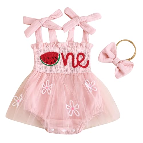 Fybitbo Baby Girl Floral 1St Birthday Cake Smash Romper Dress Sleeveless Onesie Birthday Clothes (Pink Watermelon, 12-18 Months)