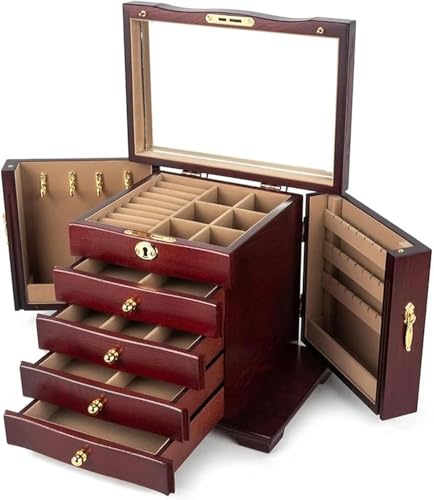 Elegancka drewniana szkatułka na biżuterię z 4 szufladami, zamkiem i lusterkiem – stylowy organizer z twardego drewna dla kobiet, idealna szkatułka na biżuterię i prezenty (kolor D) (E)
