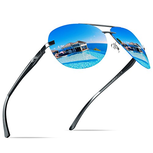 KITHDIA Lunette de Soleil Homme Premium Spring Hinges Al-Mg Polarisées Pilote Femme A143 (Cadre noir/Lentille Bleu-A143) Cover
