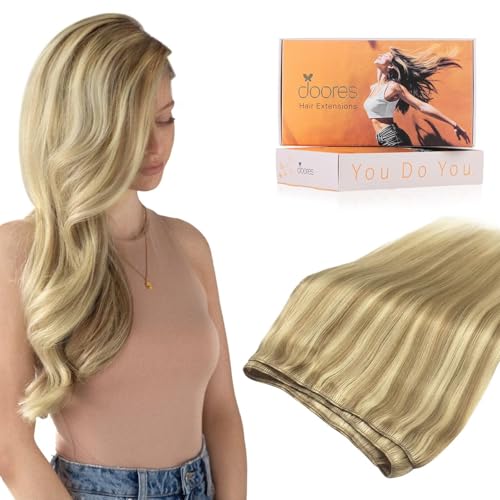 Image of DOORES Weft Hair Extensions Human Hair, Light Blonde Highlighted Golden Blonde 16 Inch 80g Sew in Straight Natural Weave for Full Head