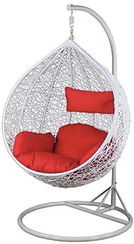Image of Single Seater Swing Chair with Stand & Cushion Outdoor Indoor Balcony Garden Patio, Powder Coated Frame, UV-Protected Wicker, Premium Cushion, Swing Chair (White-RED)