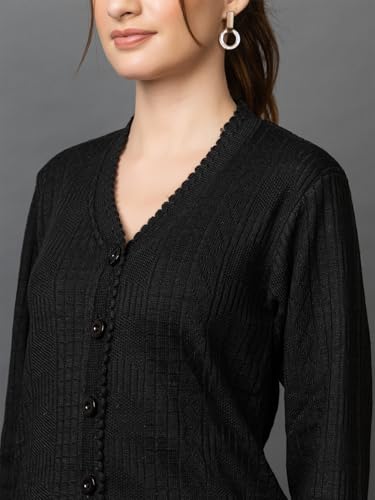Image of Wear lusso Women's Woolen V-Neck Buttoned Full Sleeve Cardigan Self Design Soft Wool Fabric Winter Wear Pure Wool Sweater with Pockets Stylish Outdoor and Office Wear Girls