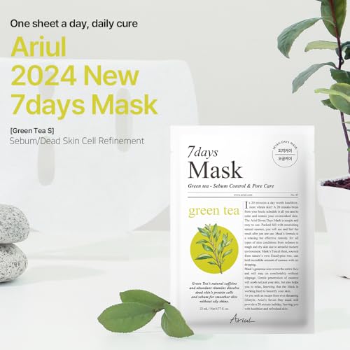 Image of Ariul 7days Mask Green Tea S (1 Sheet, 23ml) Daily Purifying Sebum Control Korean Sheet Mask with Green Tea, Reduces Acne, Pore Refining, Hydrating Soothing Facial Mask for Oily Acne Prone Skin