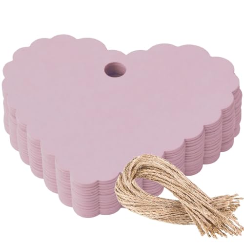 Image of CVANU (300-PCS) Decorative Heart Shape Color Paper Tags & Finish Cut Hole for Hanging with Jute Rope for Gift & DIY Crafts| Message Note| Labeling & Writable (2.16x2.36inch) Old Pink